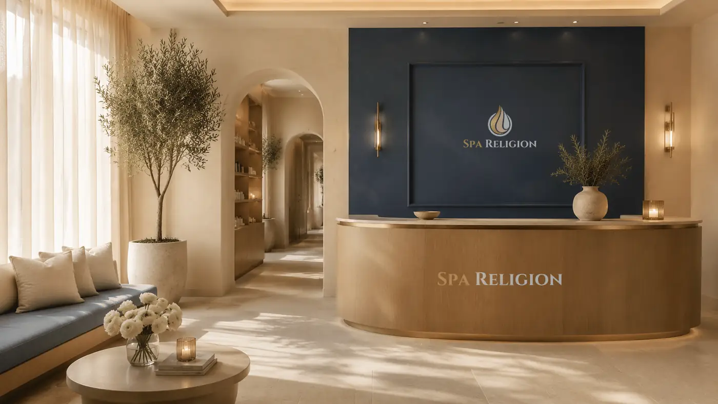 Rendering of the Spa Religion flagship reception โ travertine, olive trees and a deep blue signature wall