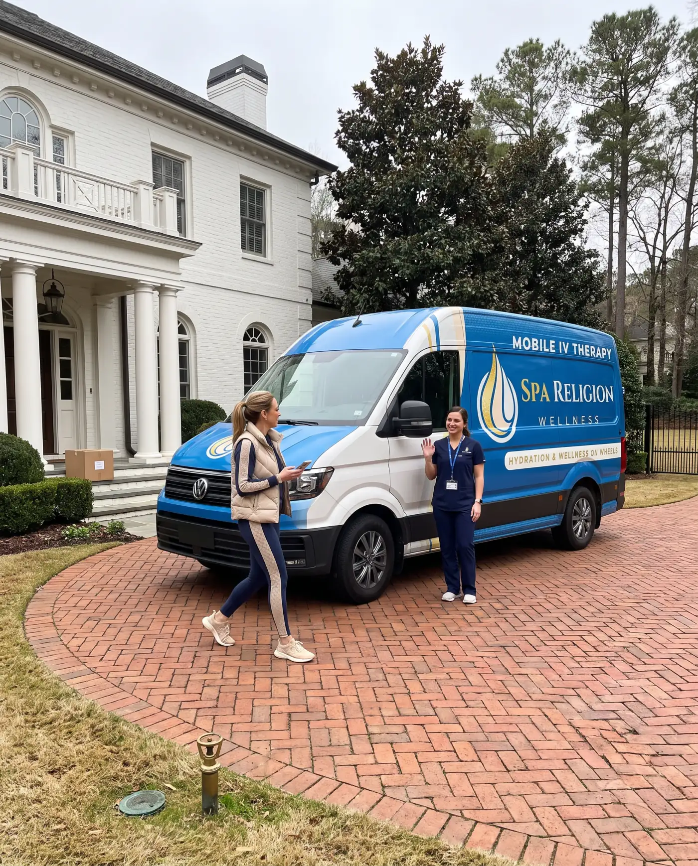 The Spa Religion mobile IV therapy van arriving at a client's home